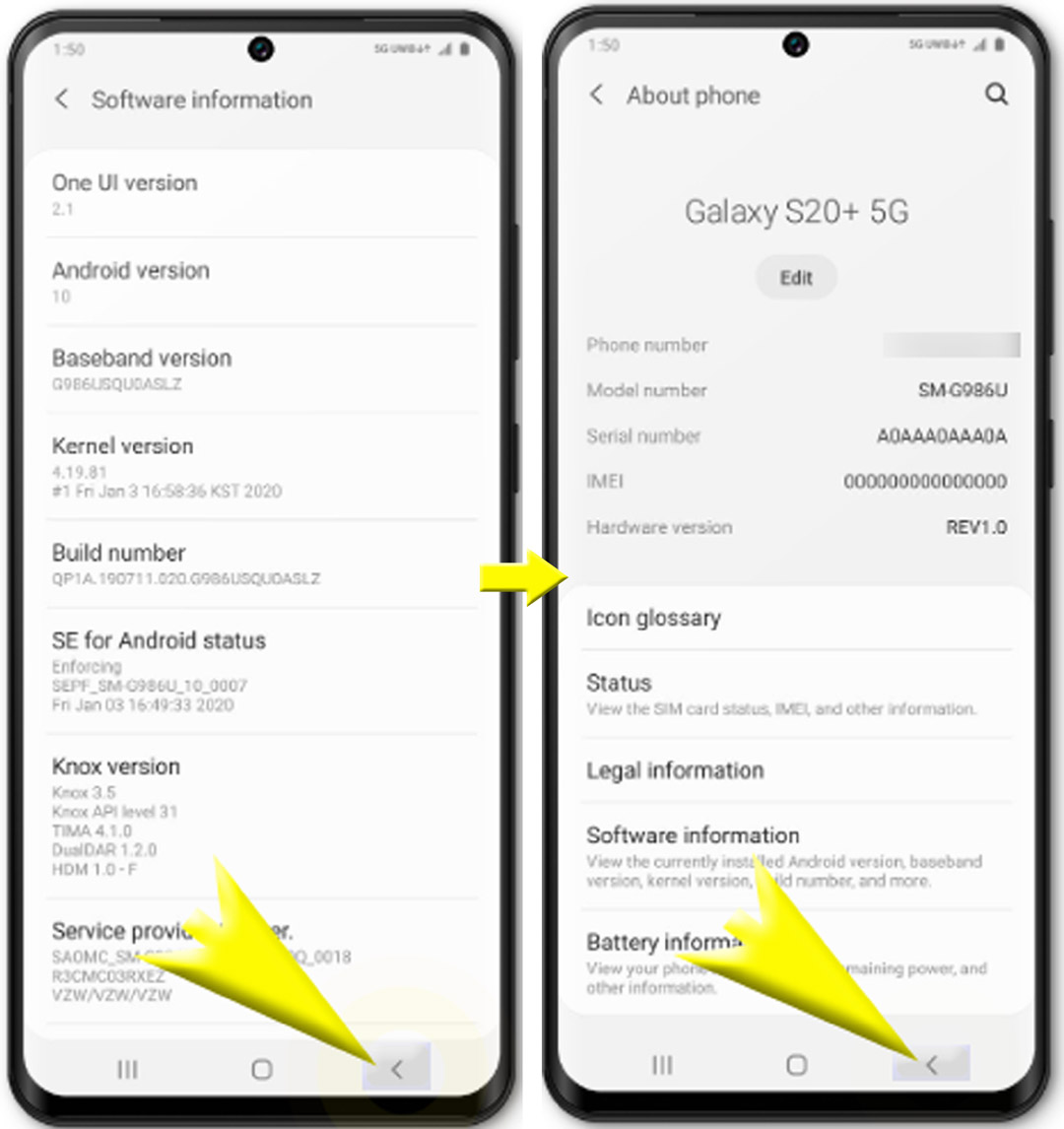 enable usb debugging on galaxy s20 - back to previous screens