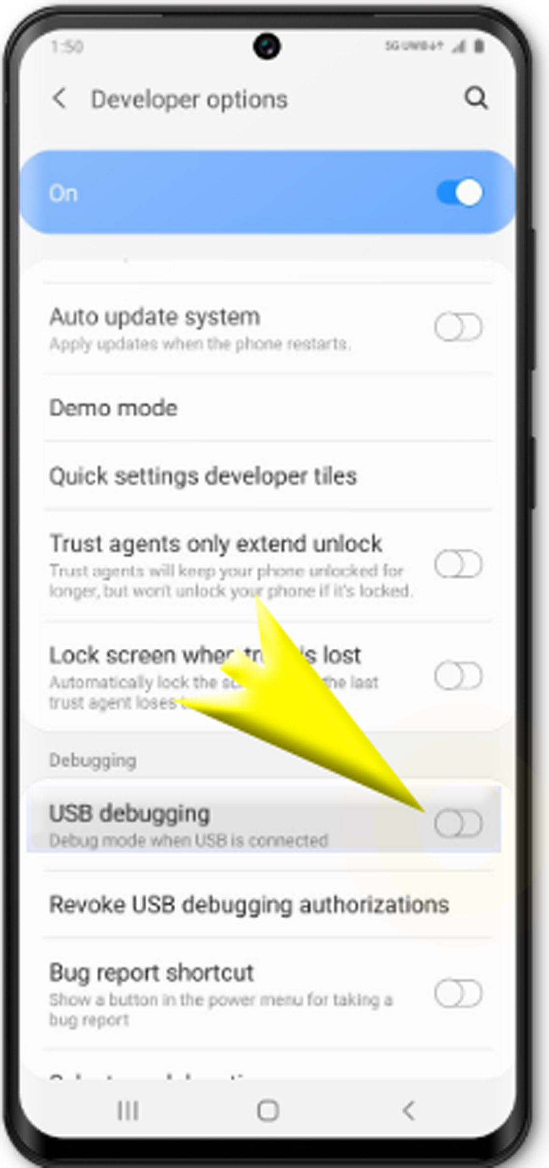 enable usb debugging on galaxy s20 - turn on usb debugging switch