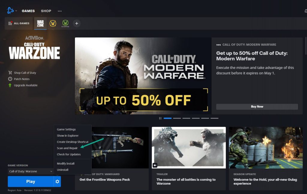 Scan and Repair COD Warzone files